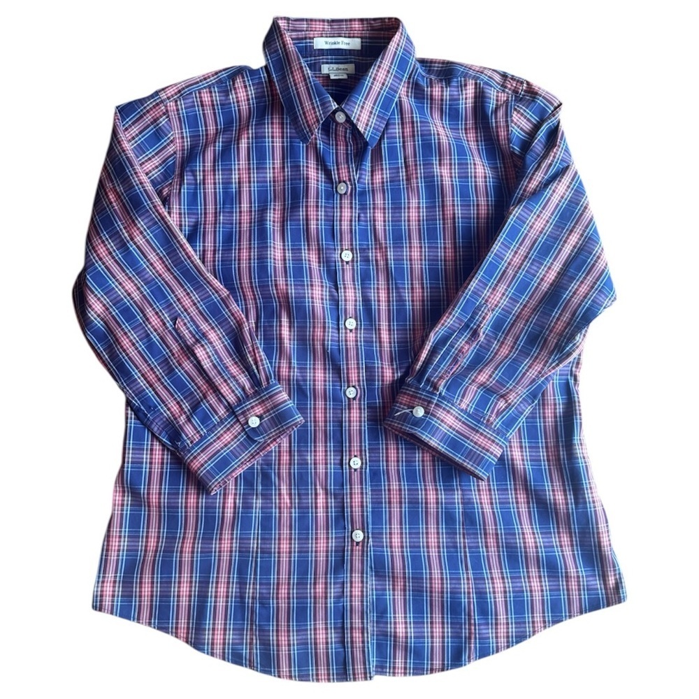 L.L. Bean Wrinkle-Free Navy & Red Striped Plaid Button Down Blouse | Size Medium